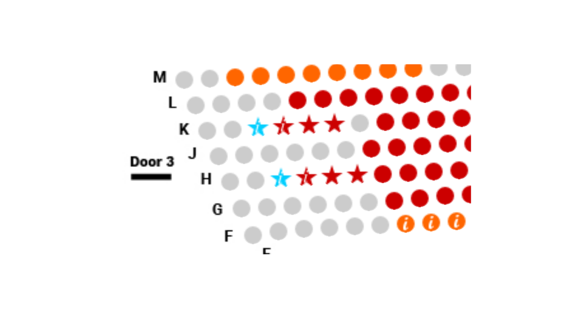 Seating map describing blue stars as wheelchair and red stars as additional seats next to wheelchair
